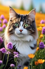 cat in field of flowers, realistic, vivid colors