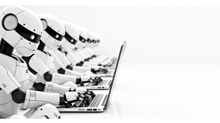 A group of robots are sitting in front of a laptop