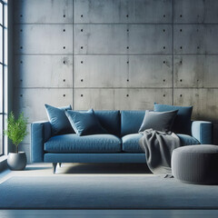 Blue sofa against concrete wall. Scandinavian home interior design of modern living room in minimalist apartment