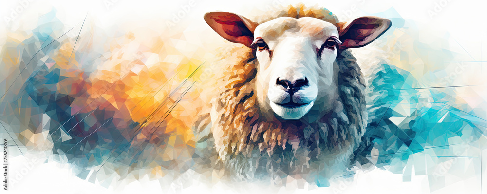 Wall mural Watercolor sheep head animal photo on white background.