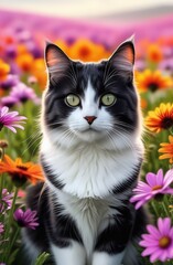 Naklejka na ściany i meble cat in field of flowers, realistic, vivid colors