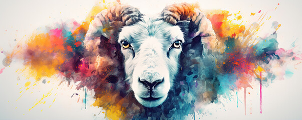 Watercolor sheep head animal photo on white background. - obrazy, fototapety, plakaty