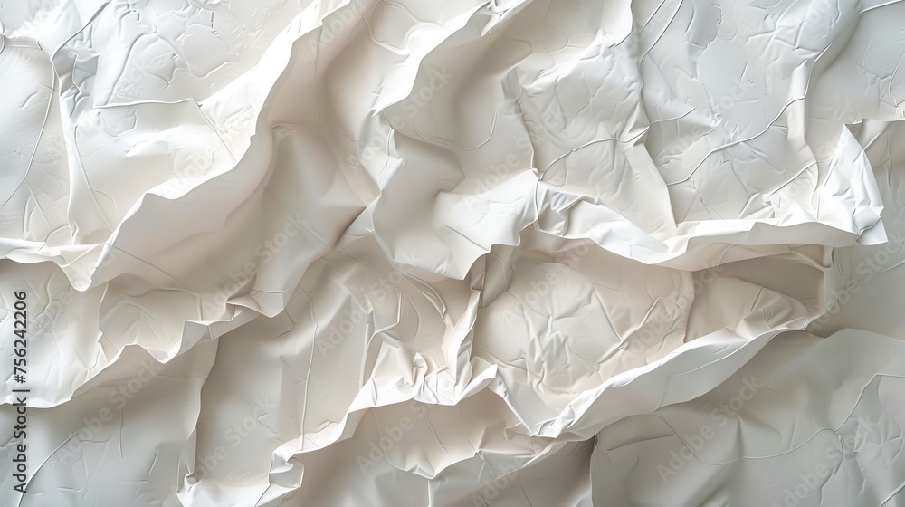 Poster close-up view of a crumpled white paper texture, providing an abstract background that conveys complexity and depth.
