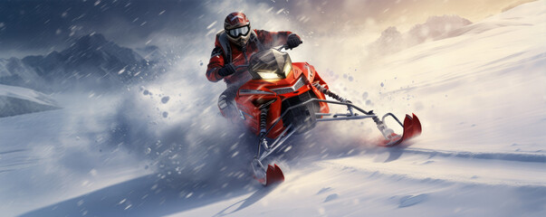 Winter snowmobile extreme fun moto sport. Snowmobile rider driving very fast in winter land - obrazy, fototapety, plakaty