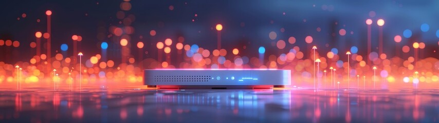 A wide banner illustration featuring a generic, state-of-the-art 5G router designed for superior home network security and high-speed online communications. - obrazy, fototapety, plakaty