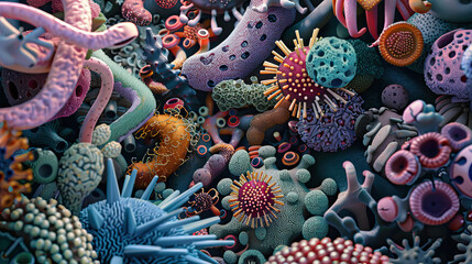 A diverse and vividly colored bacterial colony intricately illustrated to showcase the variety of microbial life. - obrazy, fototapety, plakaty