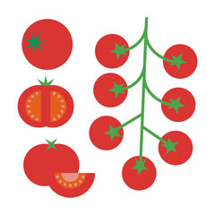 Red tomatoes abstract vector illustration set. Tomato cherry sign in flat style for emblem, logo, icon, badge. Vegetable illustration for farm market menu. Healthy food concept. Fresh food vegetables - 756243089