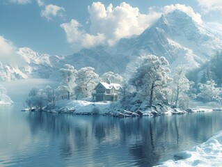 cottage house on winter island covered in snow with mountains in the background