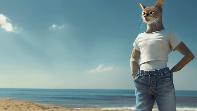 A human with a cat's head standing on a rock, dressed in jeans and a white T-shirt against a backdrop of blue sky and sea, hands on hips, gazing into the distance.
