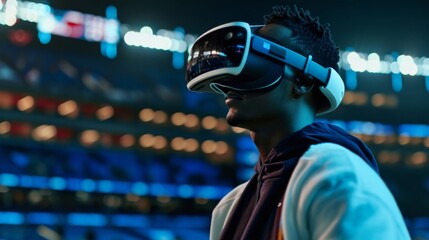 A sports professional wearing a VR headset against a backdrop of a vibrant stadium, merging data analysis with immersive visualization.