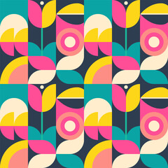 Set of three vector summer seamless patterns assembled from squares with natural elements, flowers, leaves and geometric ornaments. Vector endless background in modern style - 756243479