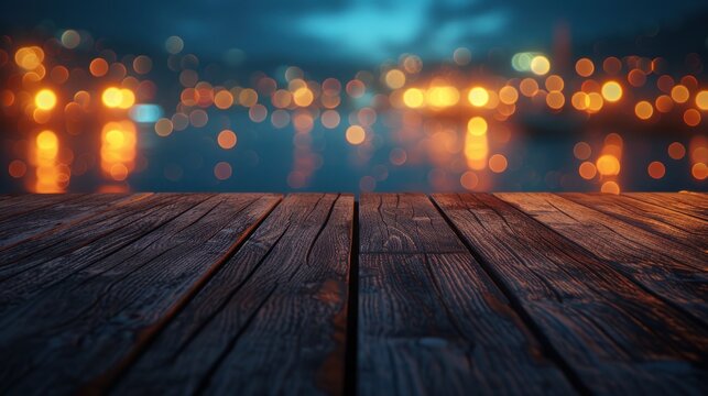 empty brown wood board or wooden floor waterfront with blurred abstract night light bokeh at river in city background, advertising agency, copy space for display of product or object presentation