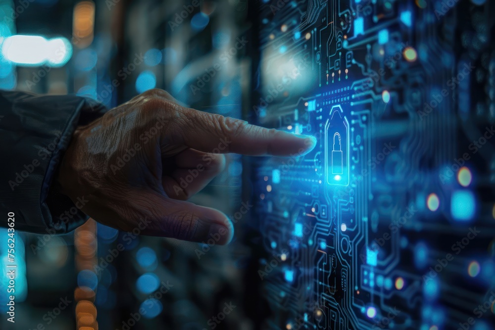 Poster cybersecurity. business man hand touching on virtual digital padlock key diagram with media link con