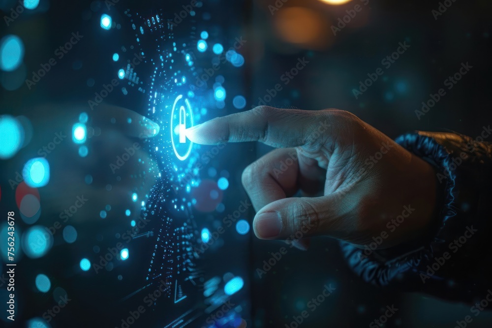 Poster firewall. business man hand touching on virtual digital padlock key diagram with media link connecti