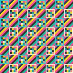 Vector bright summer seamless pattern assembled from squares with geometric ornaments. Vector endless background in modern style - 756243666