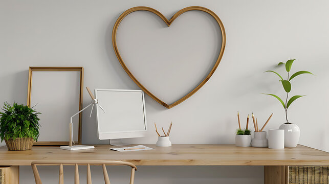 Heart shape mockup photo frame bamboo border, on study desk in modern living room, 3d render