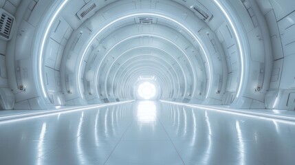 Space. futuristic interior spaceship corridor with glowing white light background, abstract sci-fi background or science concept