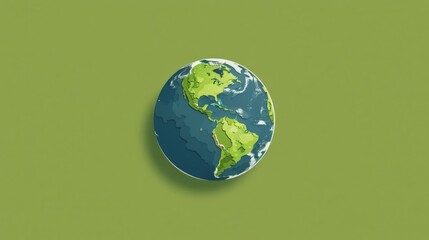 A stylized, flat illustration of planet Earth, simplified to its essence, floats against a green backdrop, representing ecological awareness from a space perspective.