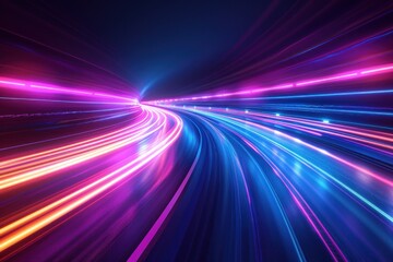 Fototapeta na wymiar Network. futuristic highway in city at night with bright blue and purple neon light background, high speed technology line with dynamic light effect, internet network concept
