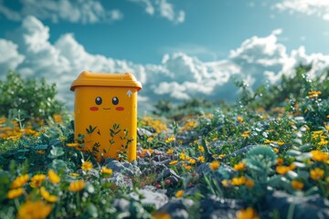 Yellow Trash Can in Field of Flowers
