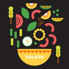 Poke bowl. Veggie. Salad bowl with vegetables and greens isolated on black background. Flat vector illustration of fresh and healthy vegan lunch meal, snack. Organic vegetarian nutrition food concept - 756243892