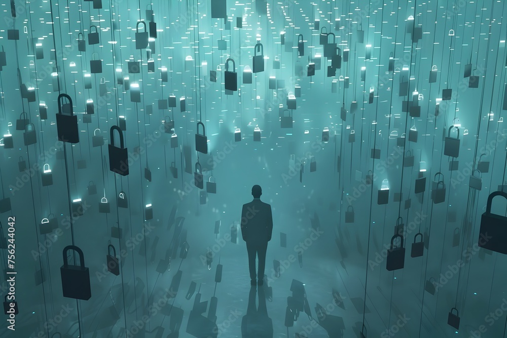 Poster cyber security. firewall. a man stand in front of a wall of blue lock. the lock are all different si