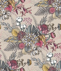 Vector seamless pattern with dried flowers, leaves and branches. Endless floral background - 756244040