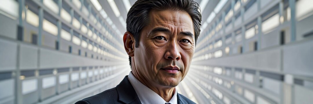 Portrait of asian businessman on white abstract tech concept background, banner template background mockup illustration from Generative AI