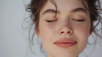 Beautiful young woman with closed eyes and clean skin on a white background - obrazy, fototapety, plakaty