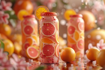 Group of Oranges and Grapefruits With Bottle of Orange Juice