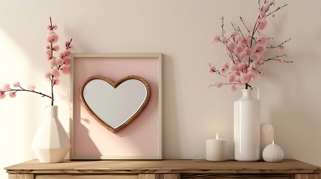 Heart shape mockup photo frame glass border, on dresser in modern living room, 3d render