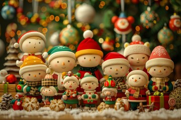 Small Figurines Sitting Next to a Christmas Tree