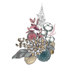 Vector composition of dried flowers, leaves and branches. Hydrangea, palm leaves, eucalyptus and other plants in beautiful bouquet. - 756245070