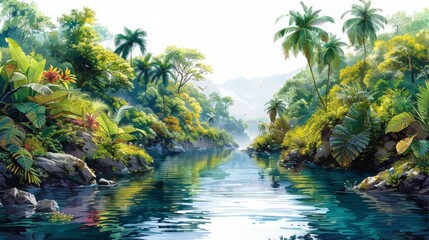 Tropical River Scene in Dense Jungle with Exotic Birds Generative AI