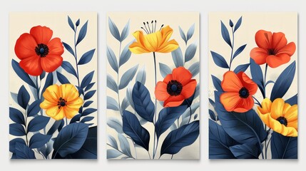Trendy Botanical Wall Art with Wild Floral Plants in Hippie Style Generative AI