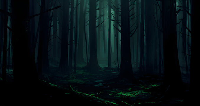 a photo of a dark green forest with trees
