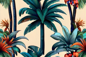 Tropical vintage bird, palm tree and plant floral background. Exotic jungle chinoiserie wallpaper Generative AI