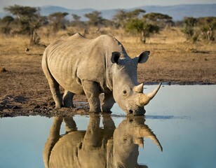 rhino reflection in a waterhole in the savannah - 756246027
