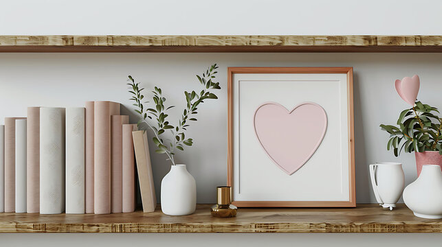 Heart shape mockup photo frame fabric border, on bookcase in modern living room, 3d render
