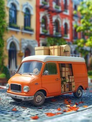 Orange Van Parked on Cobblestone Street