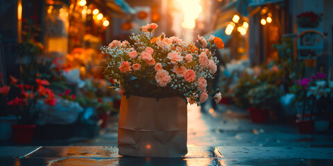   Flowers in paper gift bags on the street shop background with sunlight on it  Variety of different roses and other beautiful flowers at florist shop   - obrazy, fototapety, plakaty