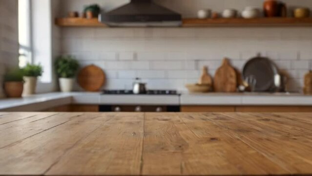 Wooden table, product display with kitchen background 