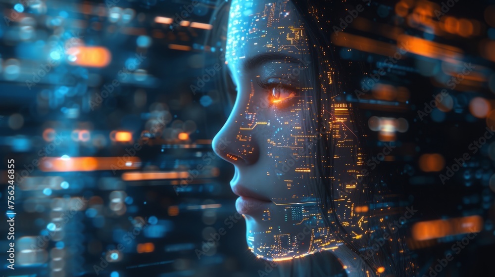 Poster digital representation of a humanoid face overlaid with glowing lines of code, symbolizing artificia