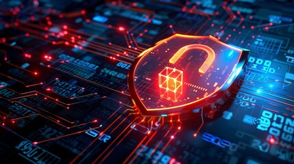 A glowing cybersecurity shield icon dominates a futuristic digital circuit board, symbolizing advanced protection.