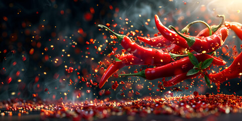 flying hot red chili pepper on a dark background, fresh red hot chillies with chilli flakes - obrazy, fototapety, plakaty