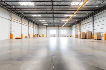 Panoramic warehouse spaces with automated equipment and contrasting natural light - obrazy, fototapety, plakaty