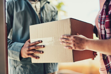 Delivery, box or hands of woman with courier in home closeup for shipping, online shopping or cargo...