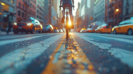 bycicle, modern city, high buildingd, busy street, eco friendly and alternative energy and transportation concept, street, afternoon - obrazy, fototapety, plakaty