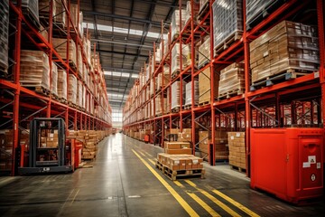 Panoramic views of automated warehouse spaces with vibrant natural light and dynamic spatial aspects - obrazy, fototapety, plakaty