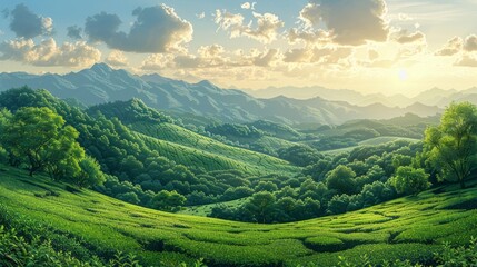 Tranquil Terraced Green Tea Plantation in Rural Farmland Generative AI